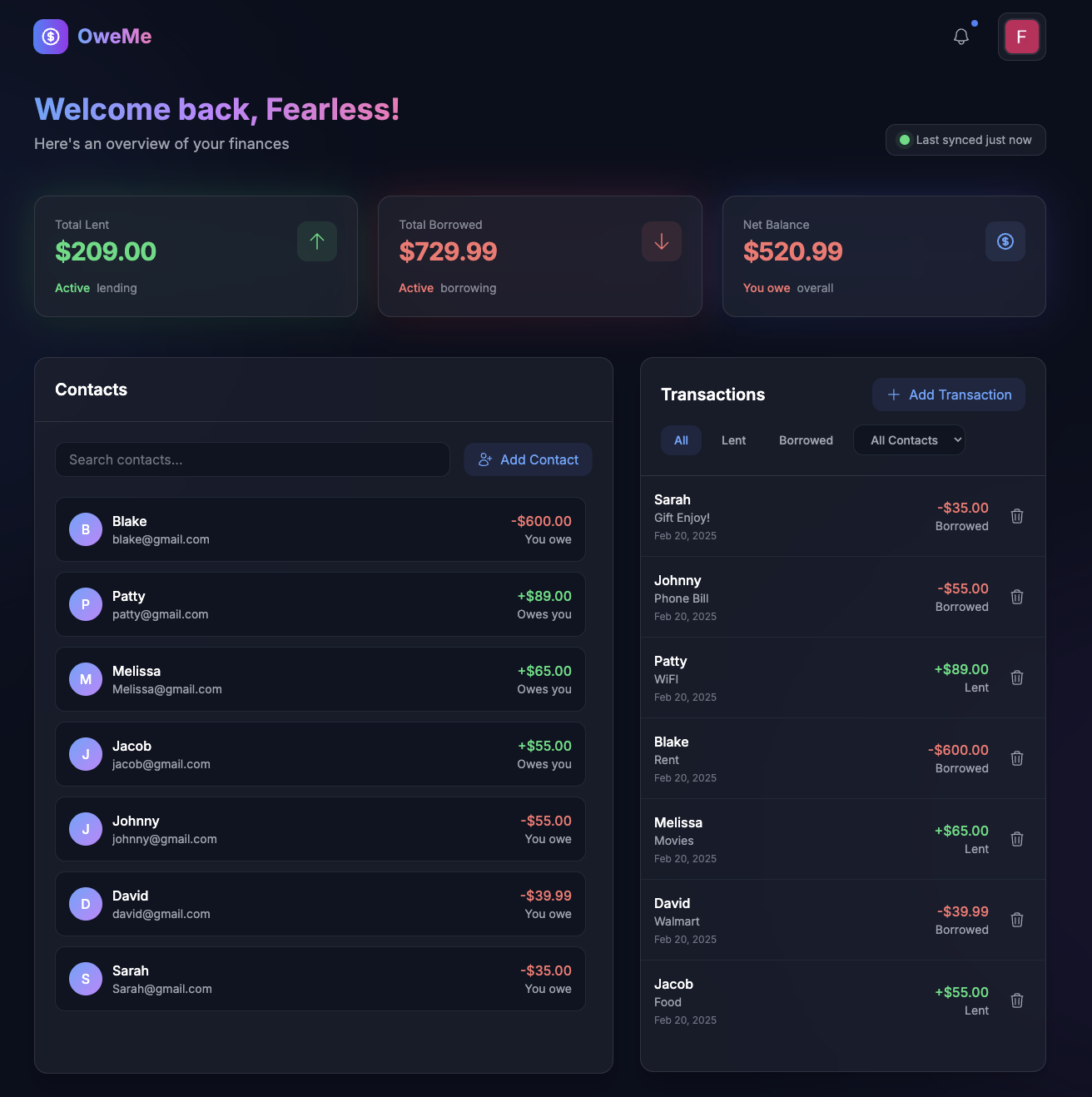 OweMe Dashboard Preview